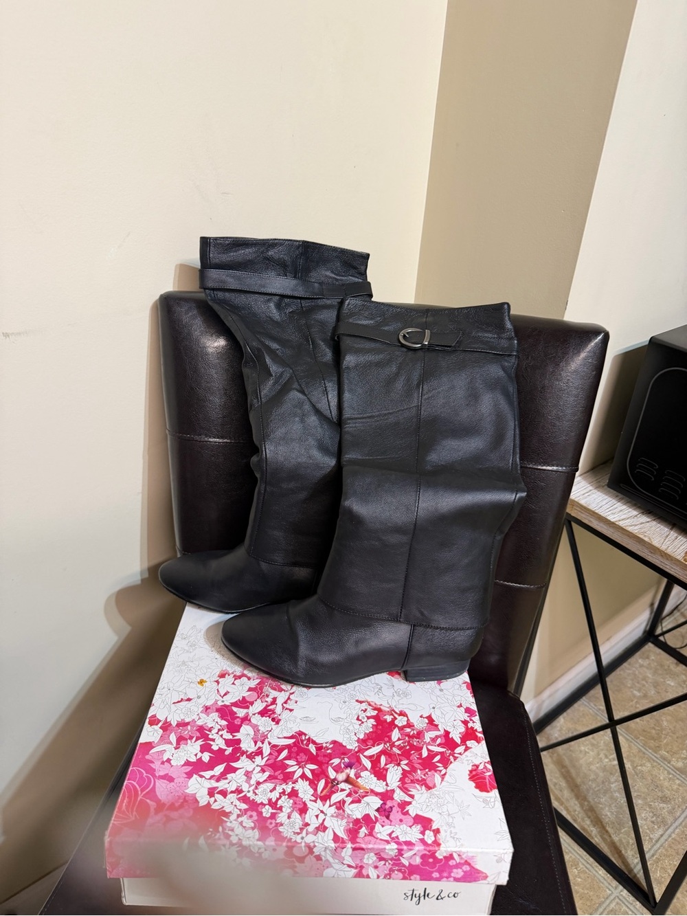 Style & Co. Black Knee-High Buckle Leather Boots